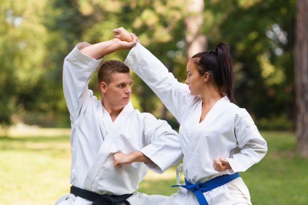 Two martial arts fighters practicing in nature.