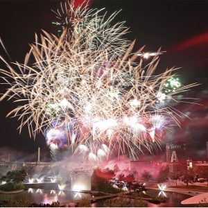 Wolfsburg 01 June 2015 - The Autostadt celebrated its 15-year anniversary with spectacular fireworks. The iconic Car Towers can be seen in the background (Autostadt GmbH/Matthias Leitzke)